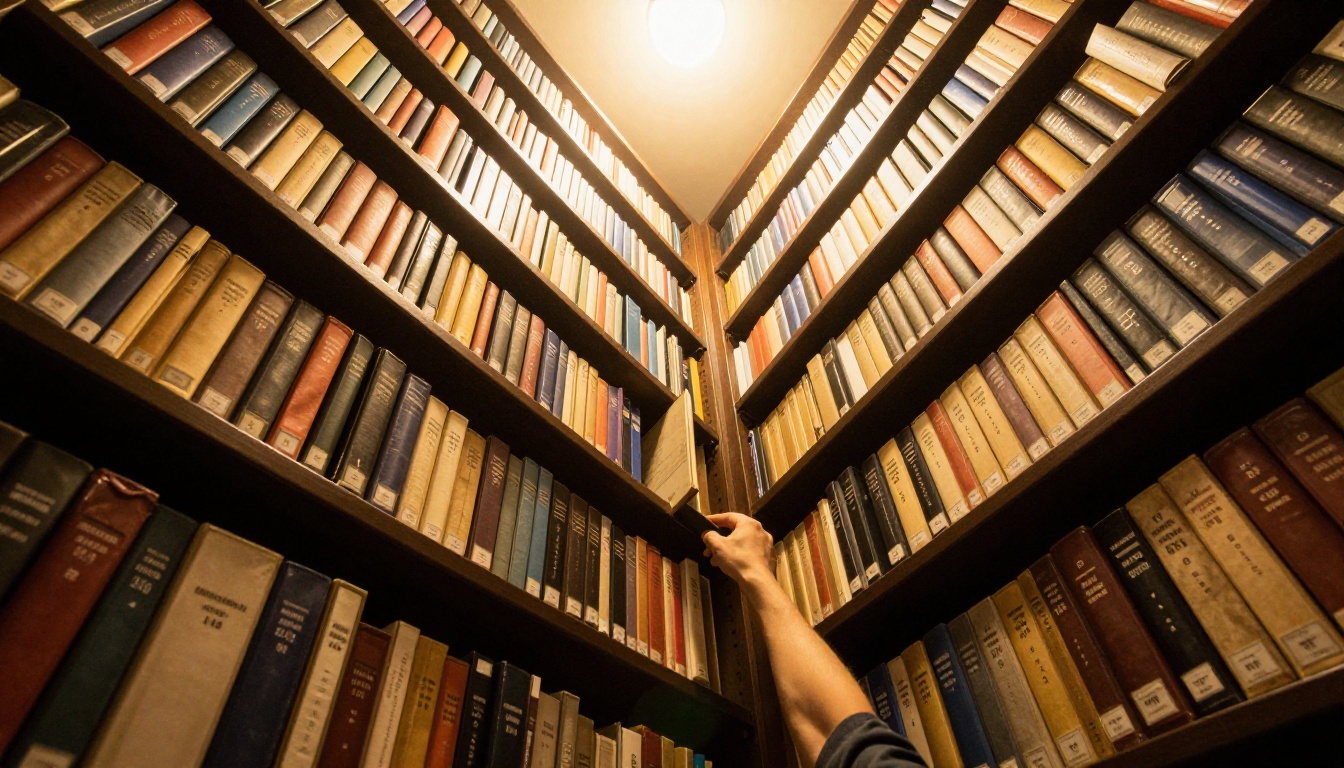 Low-angle shot looking up at tall library shelves filled with research binders