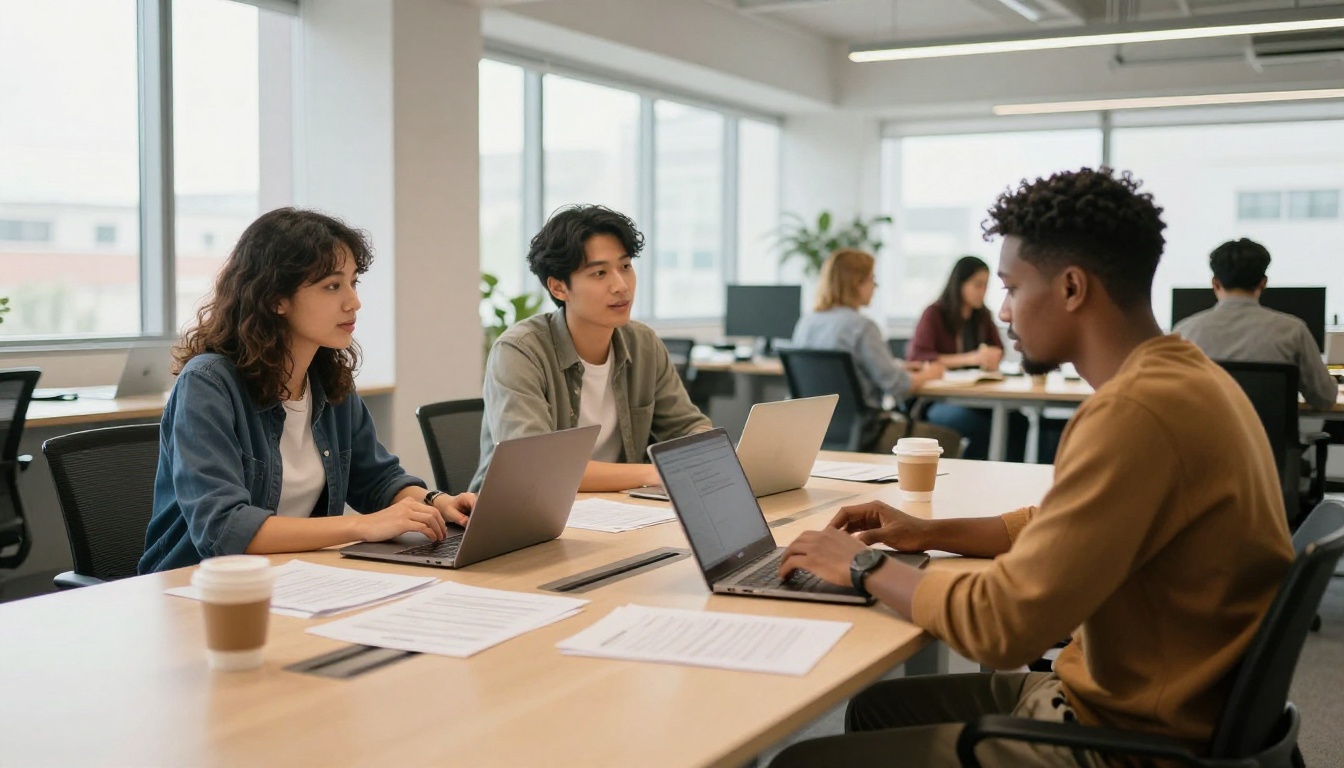 Professionals collaborating around a conference table Professionals collaborating around a conference table