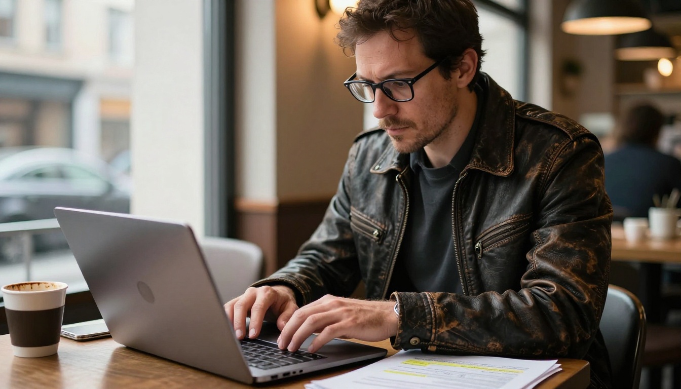 Candid shot of a man annotating printed documents at a coffee shop