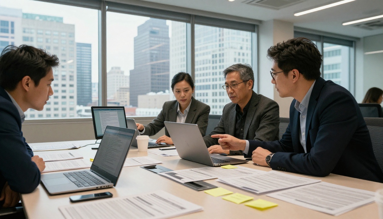 Wide shot of a team collaborating around a conference table covered with reports and laptops