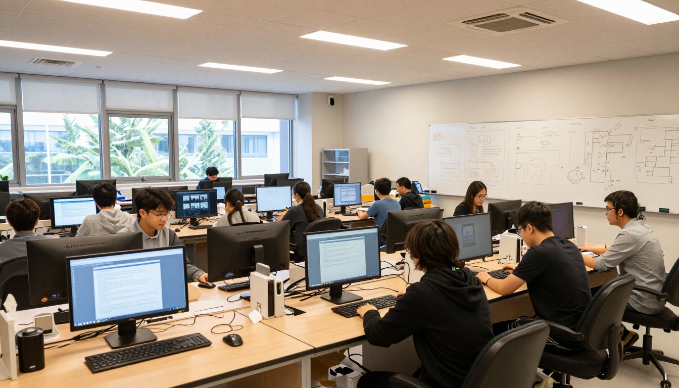 University research lab with multiple workstations University research lab with multiple workstations