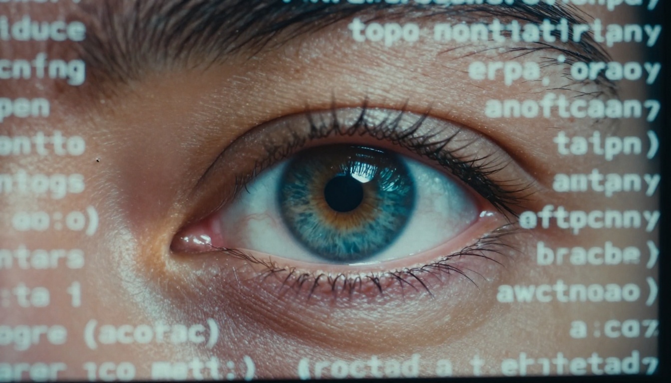 Extreme close-up of a human eye reflecting text on a computer monitor