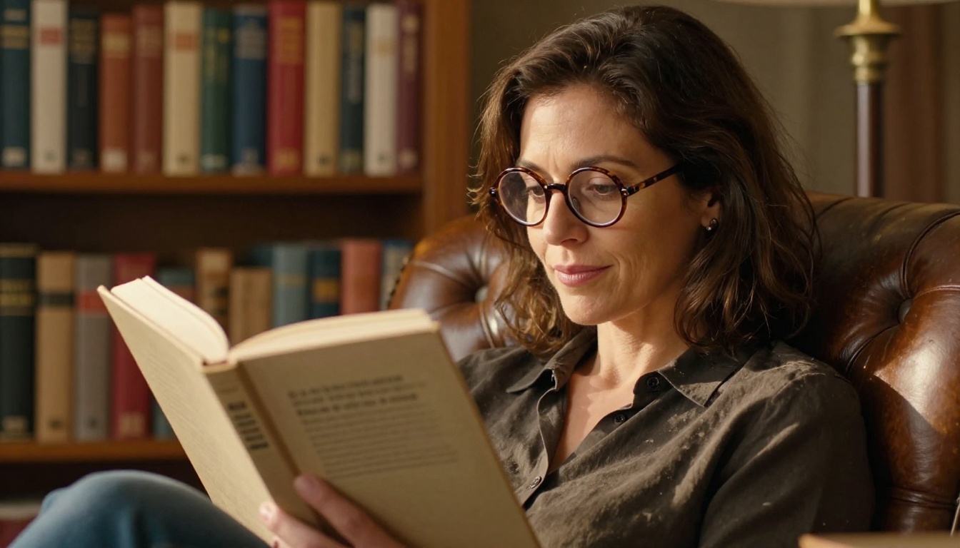 Academic woman reading research journal in armchair Academic woman reading research journal in armchair