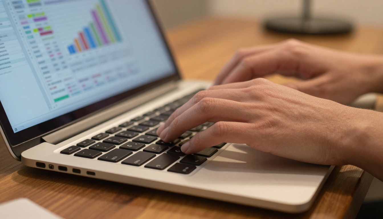 Hands typing on laptop keyboard with data spreadsheet visible on screen in soft focus