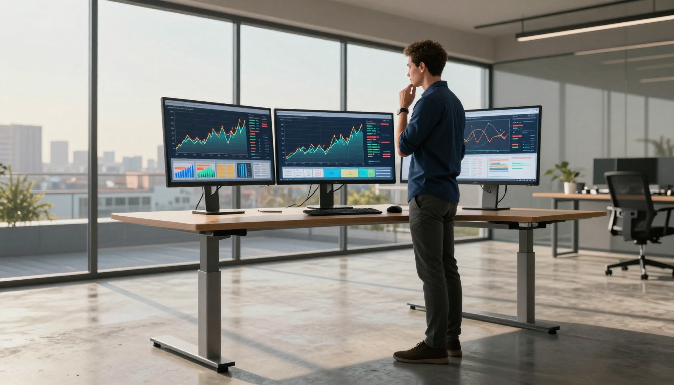 Man standing at a motorized sit-stand desk reviewing three monitors with colorful data dashboards