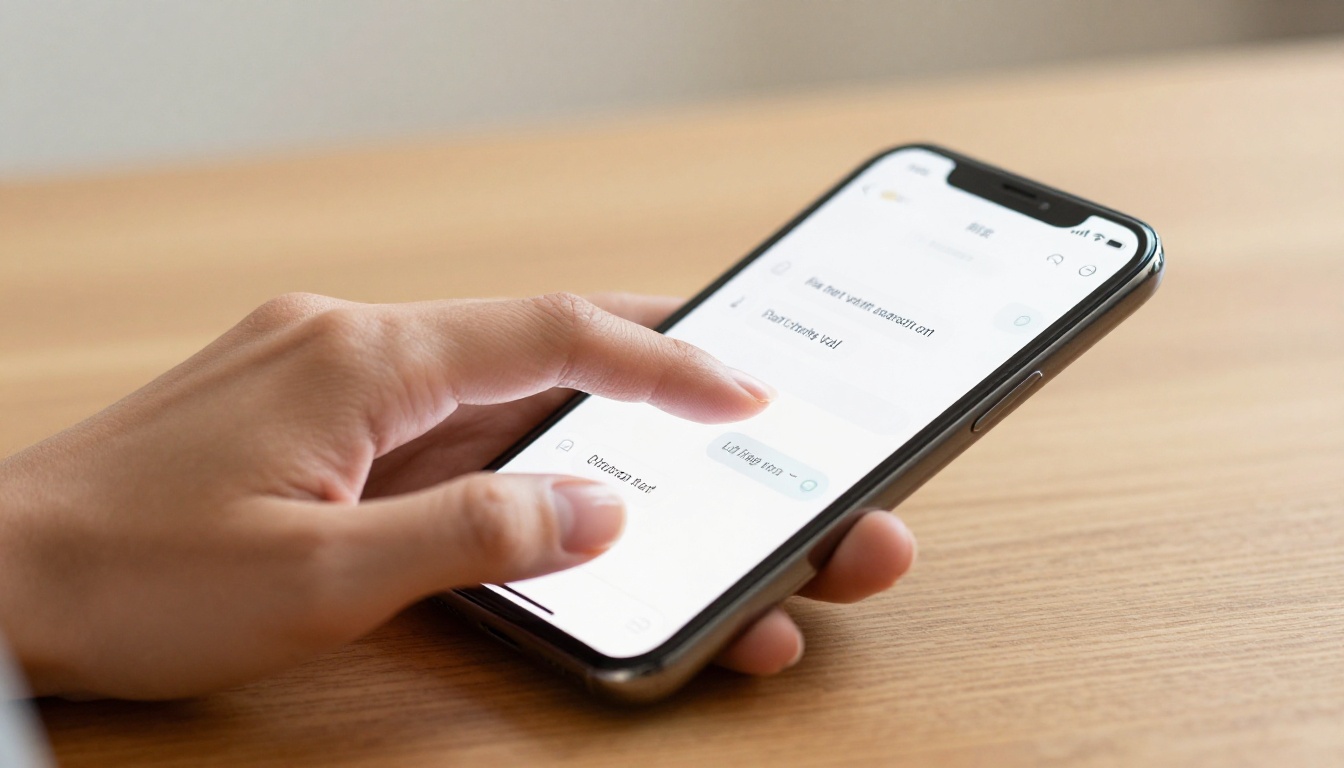 Hands typing on smartphone with AI chat interface