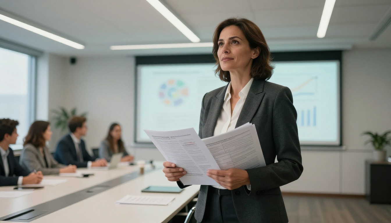 Confident woman holding printed data reports in a glass-walled conference room, low-angle shot