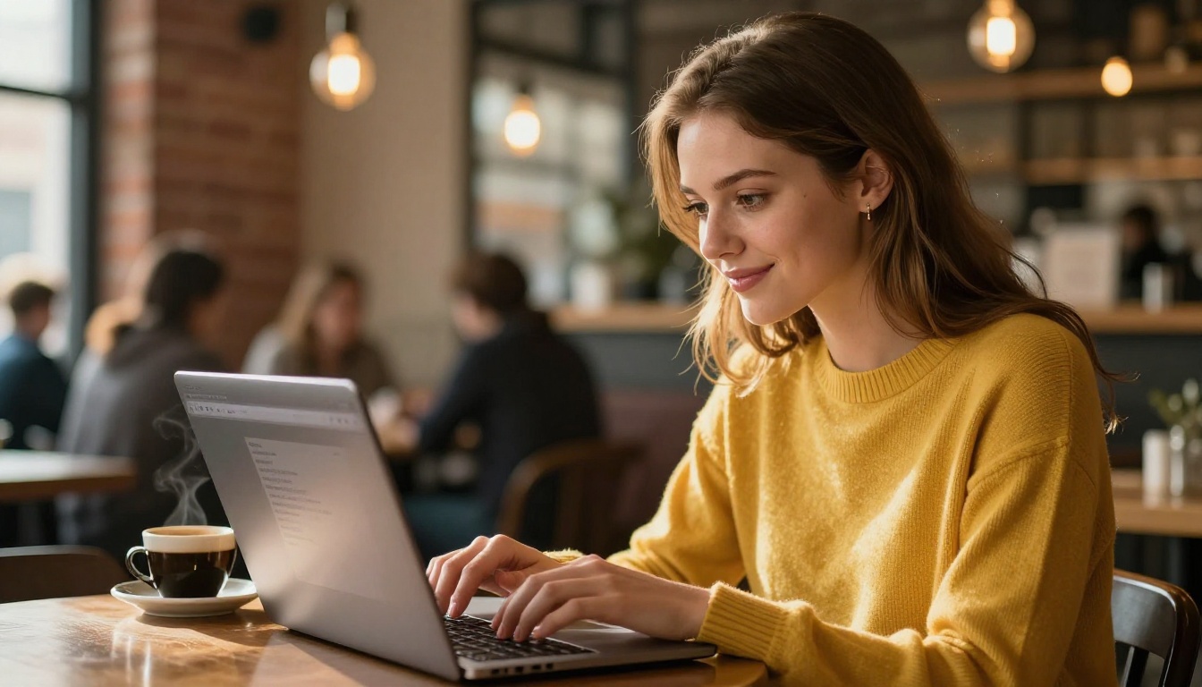 Woman using AI chat in browser at cafe