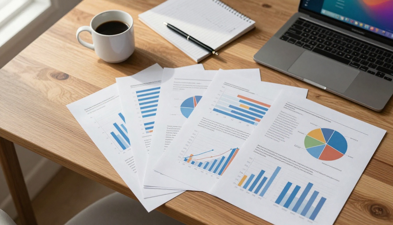 Aerial overhead flat lay of minimalist desk with printed data charts, coffee mug, pen, and open laptop