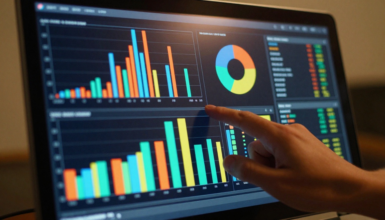 Ultra close-up of a monitor screen displaying colorful data visualization with bar charts and donut graphs