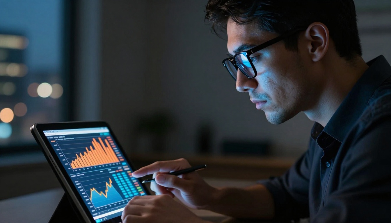 Male analyst in thick-rimmed glasses studying financial charts on a tablet, face lit by screen glow in dark office