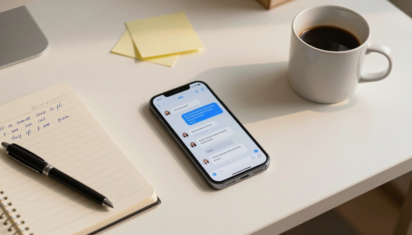 Aerial view of phone on desk with AI chat app