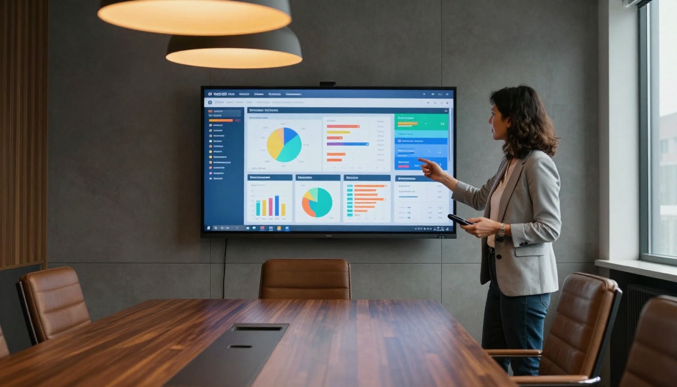 Professional woman in grey blazer presenting analytics dashboard on a large wall-mounted screen in a modern boardroom