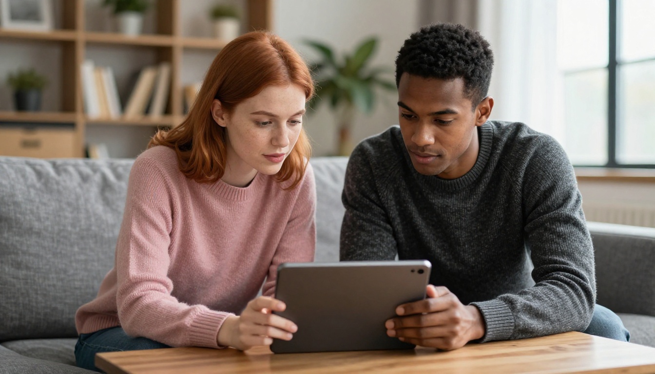 Two people reviewing AI content on tablet together