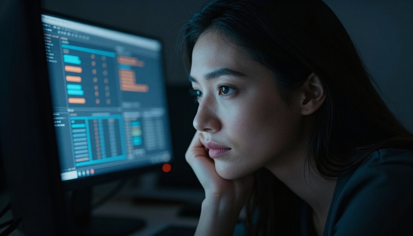 Woman analyst with contemplative expression, face softly illuminated by cool blue monitor glow in a dark office at night