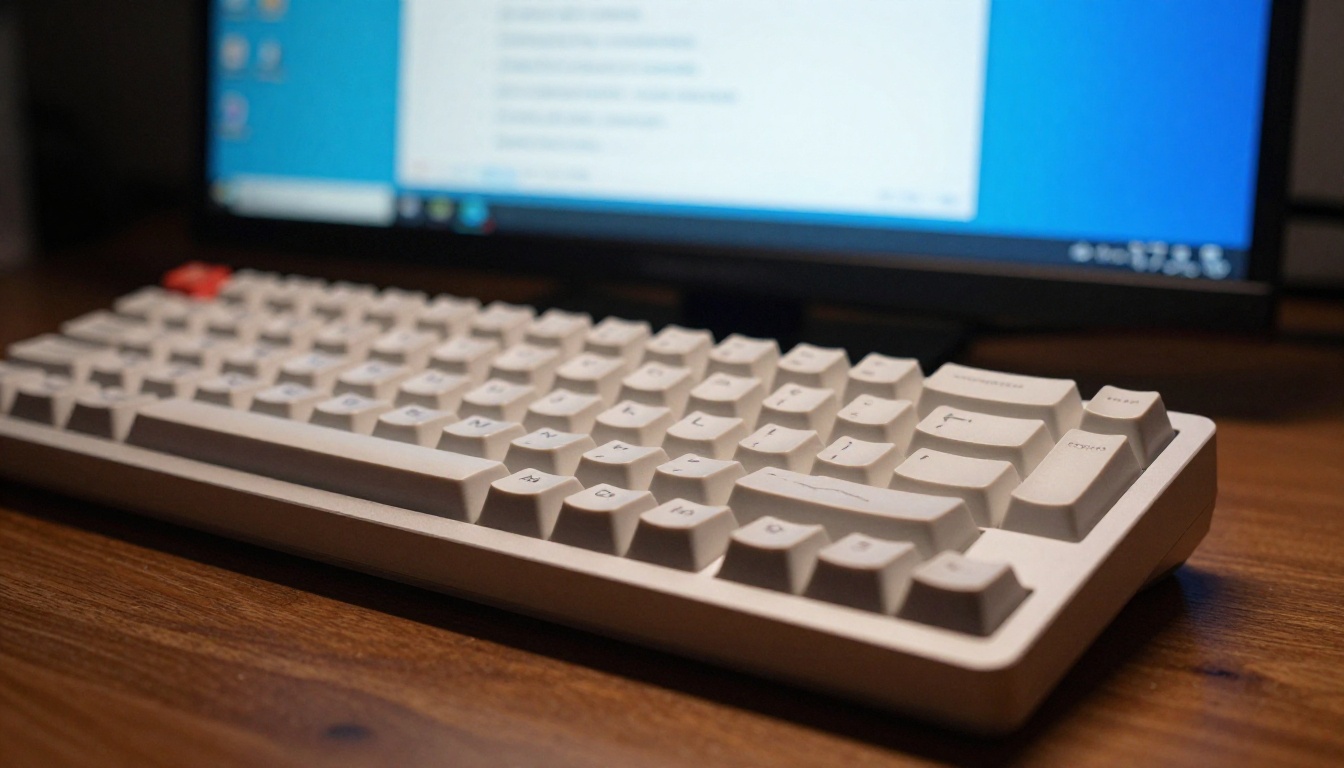 Keyboard close-up with AI screen in background