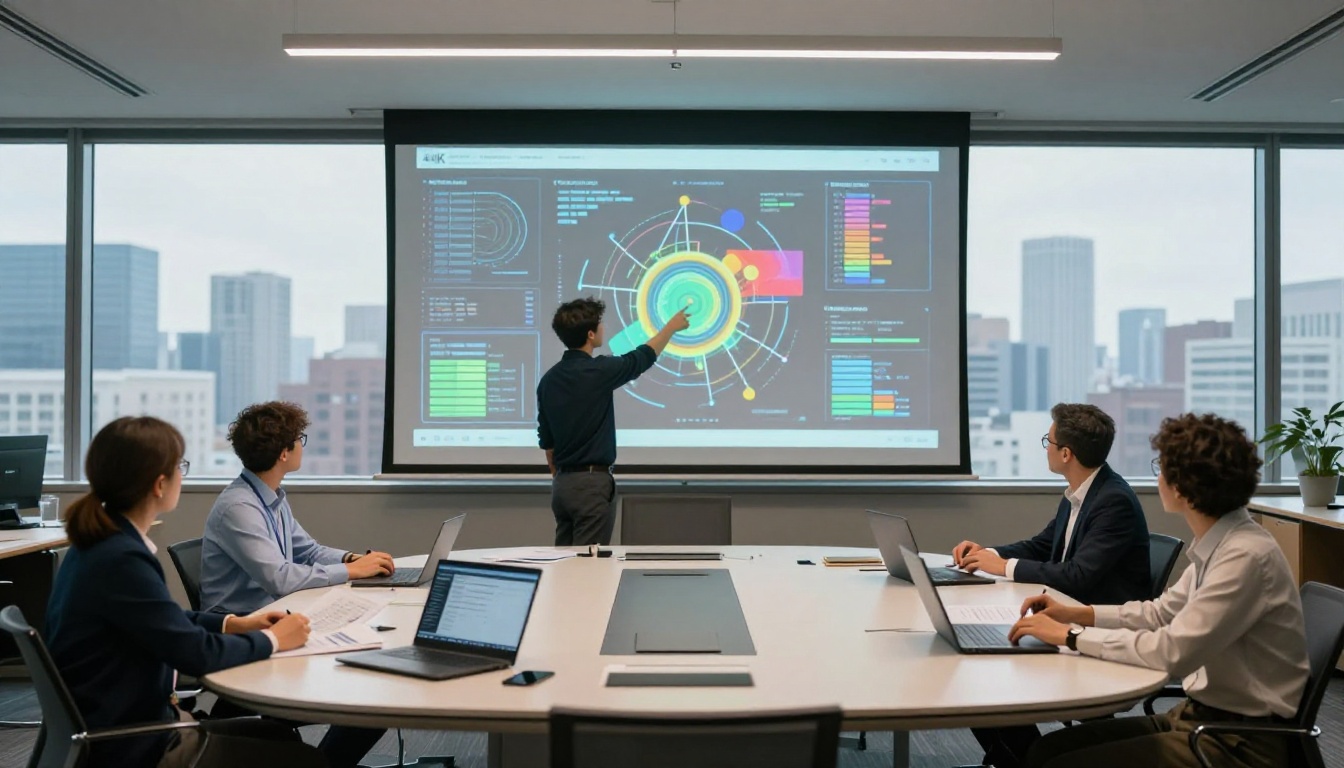 Diverse team of professionals in a conference room analyzing complex data visualization on a massive projection screen