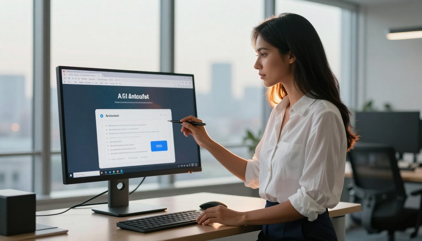 Woman at standing desk using AI in browser