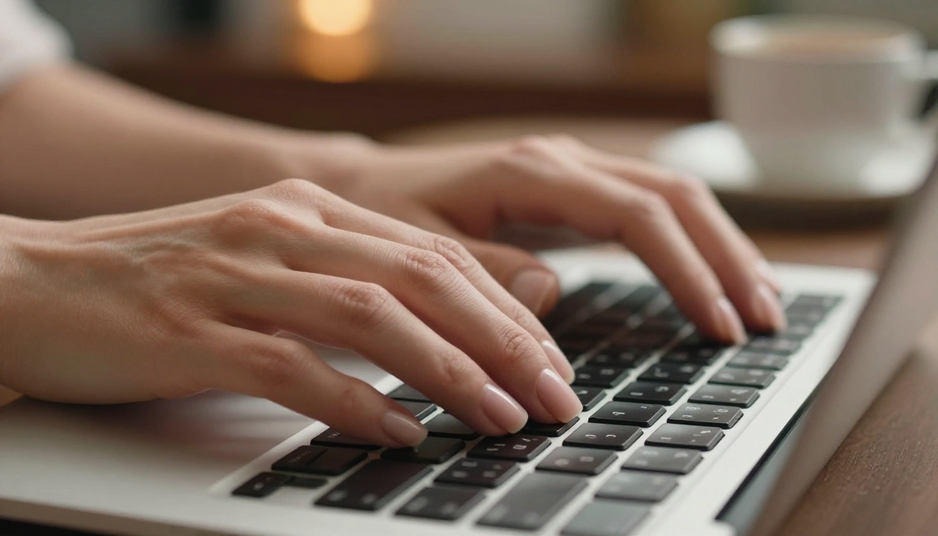 Hands typing on a MacBook keyboard in a modern workspace, close-up photorealistic