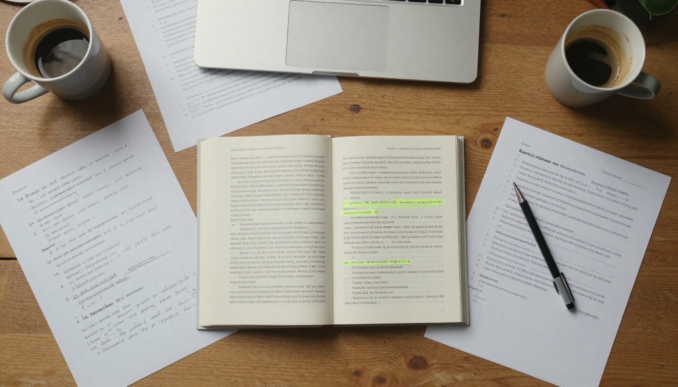 Aerial flat-lay of a researcher's desk with printed papers, handwritten notes, and espresso cup
