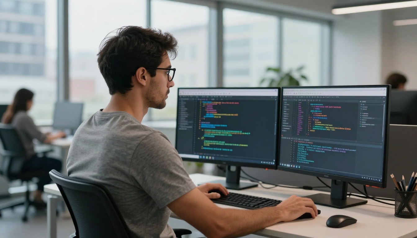 Focused software engineer studying dual ultrawide monitors displaying dark IDE code