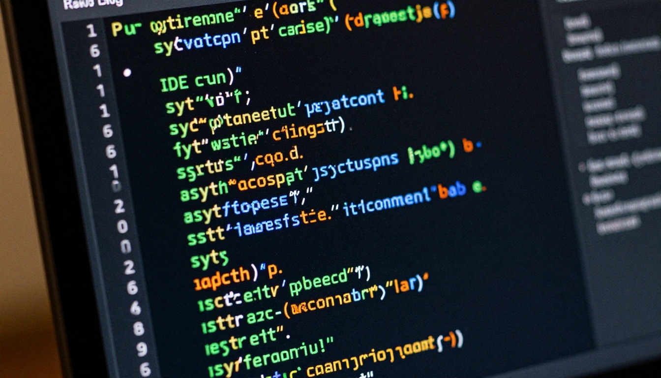 Close-up of dark IDE code editor screen displaying colorful syntax highlighting
