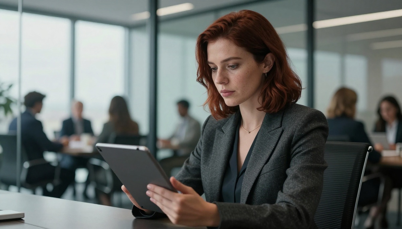 Professional woman reading a tablet in a modern glass-walled conference room