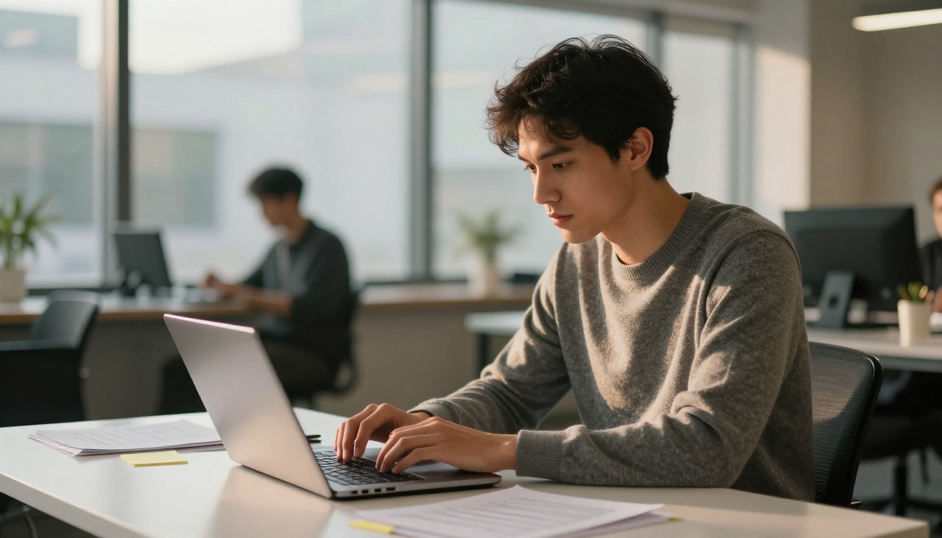 A young professional man typing on a laptop in a bright coworking space with afternoon light