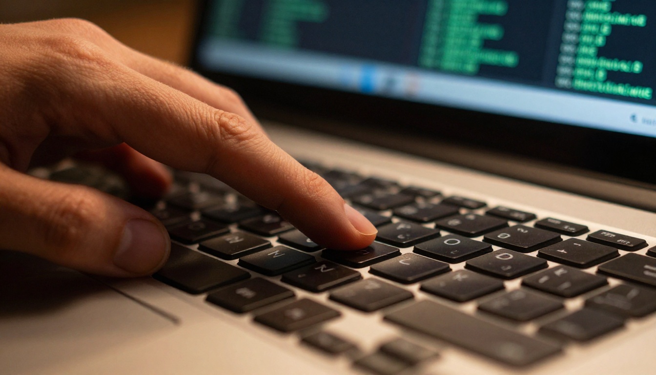 Extreme close-up of keyboard with fingers and dual-monitor code visible in background