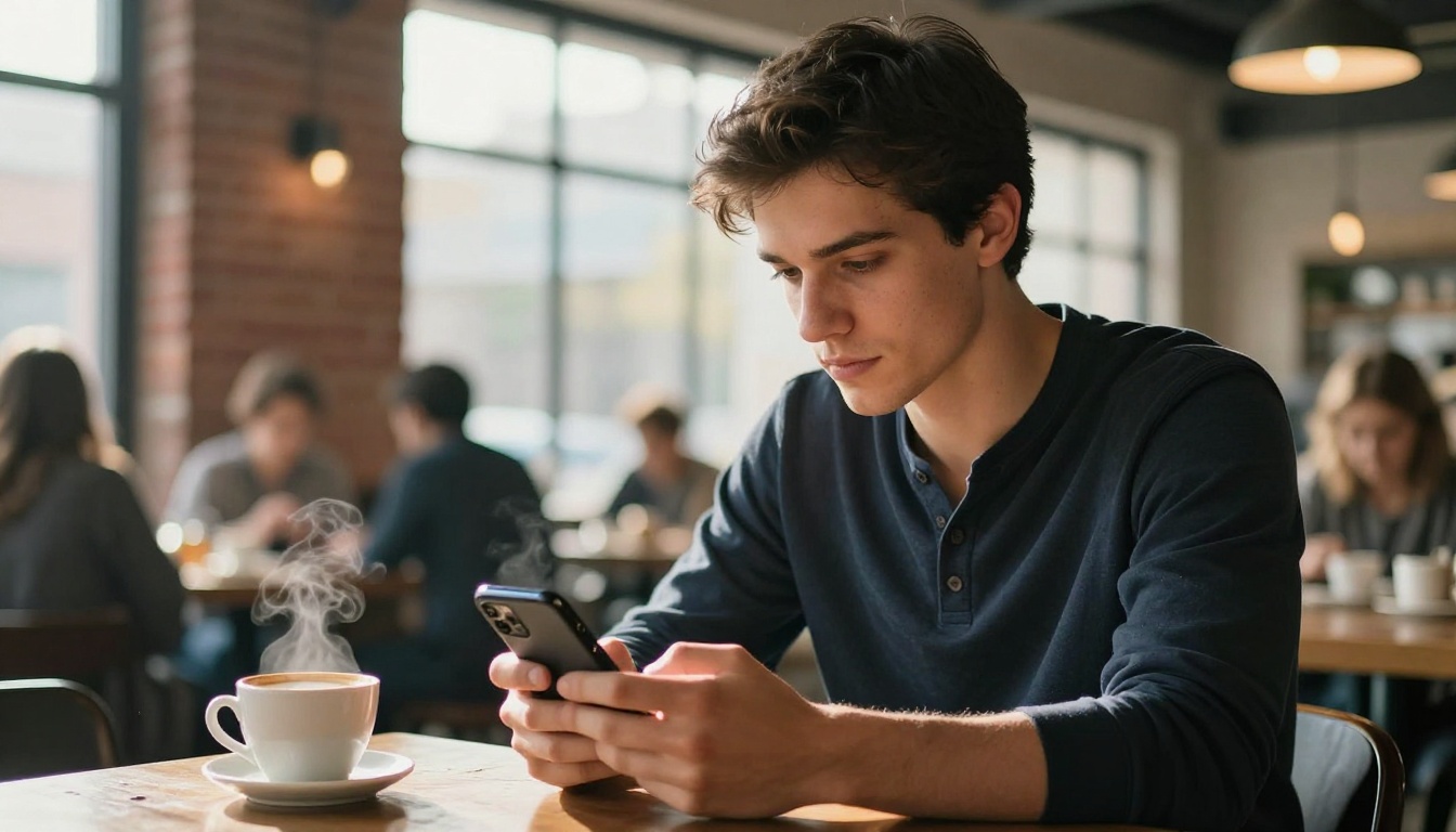 Young man reading AI chat on smartphone at a wooden café table, morning light