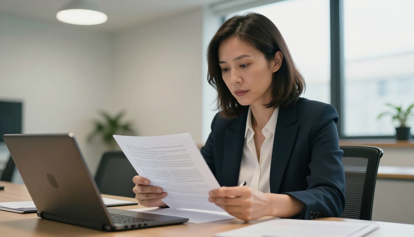 A woman in her 40s reviewing documents and highlighting text at a conference table