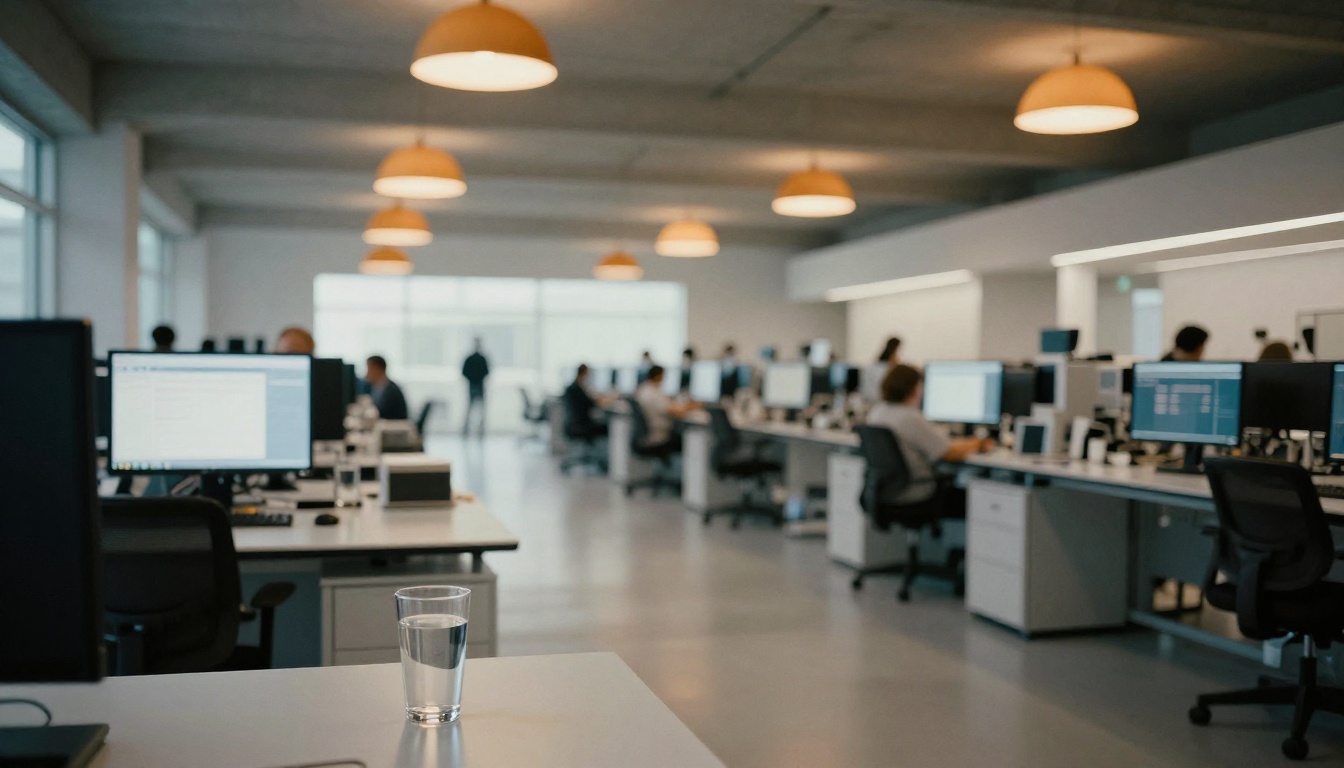 Wide-angle shot of a modern AI research laboratory with rows of workstations