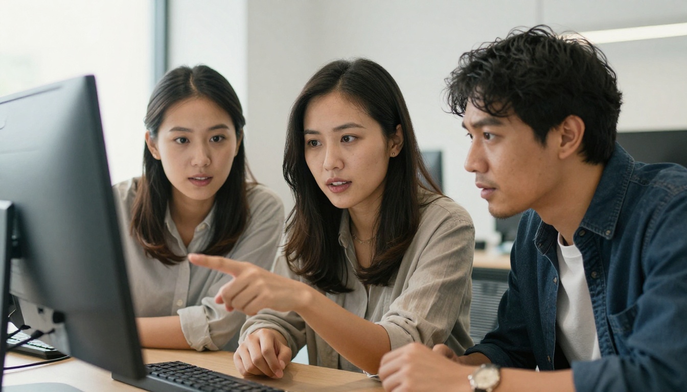 Three professionals collaborating around a shared monitor in a bright open office