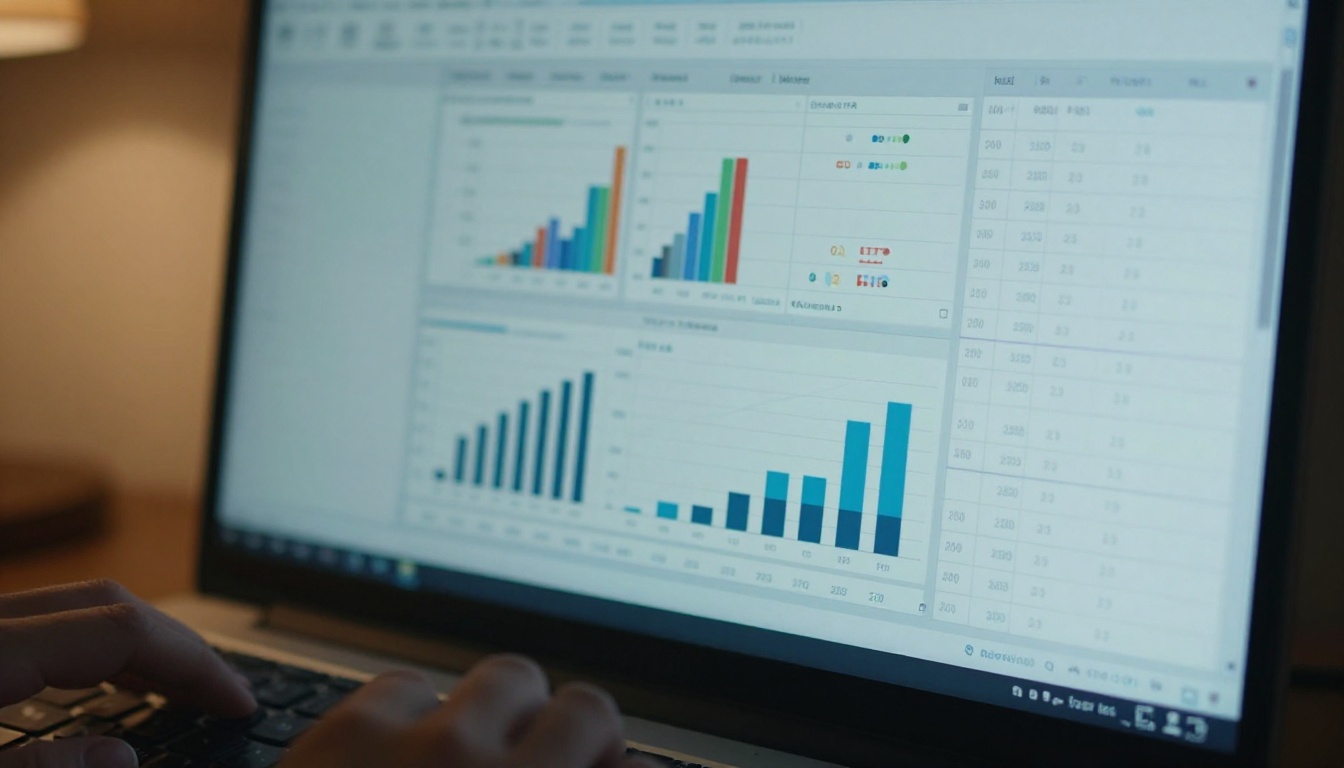 Close-up of a monitor showing spreadsheet data with hands on keyboard below