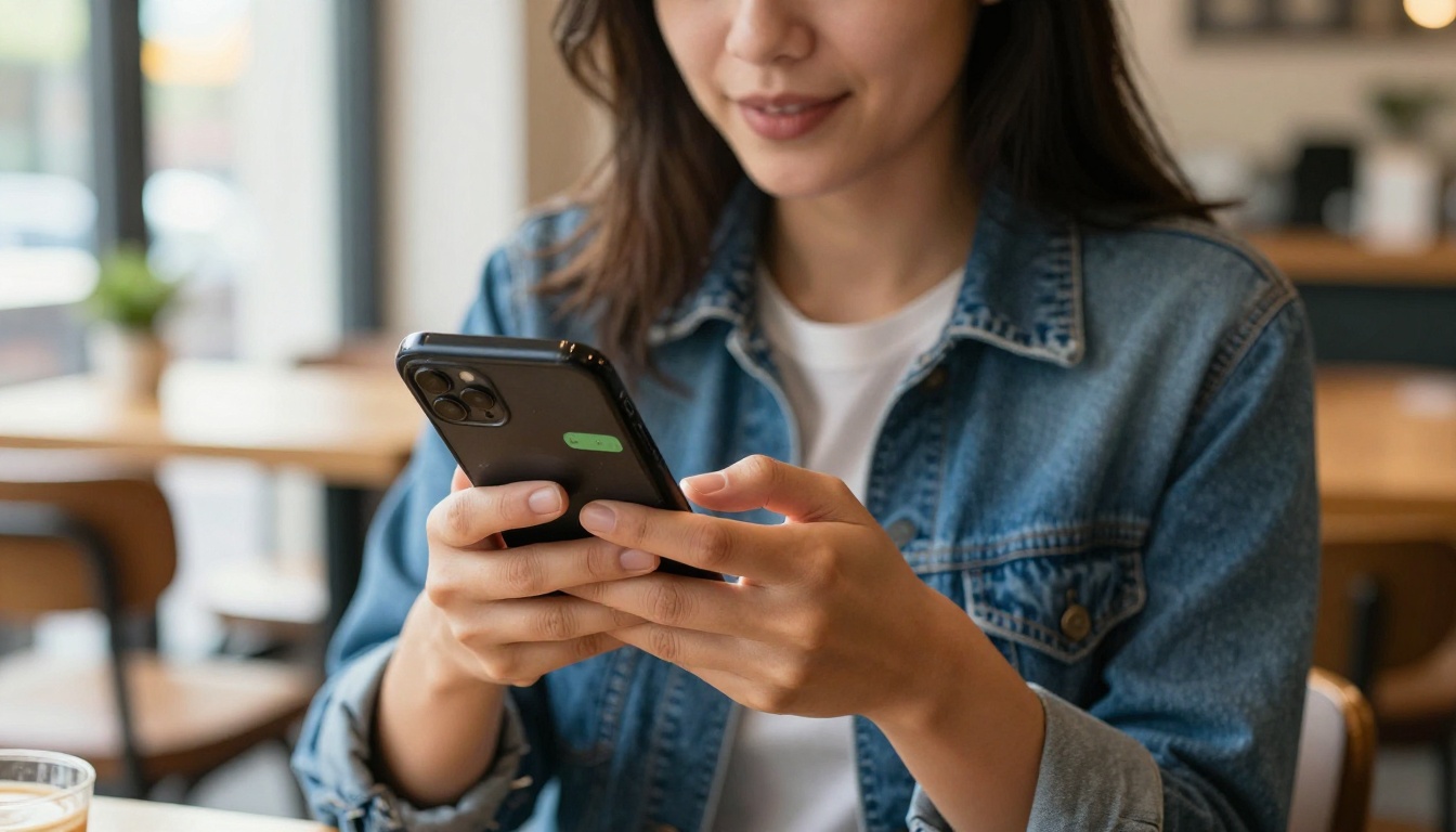 A woman in a coffee shop checking a smartphone chat interface with warm window light A woman in a coffee shop checking a smartphone chat interface with warm window light