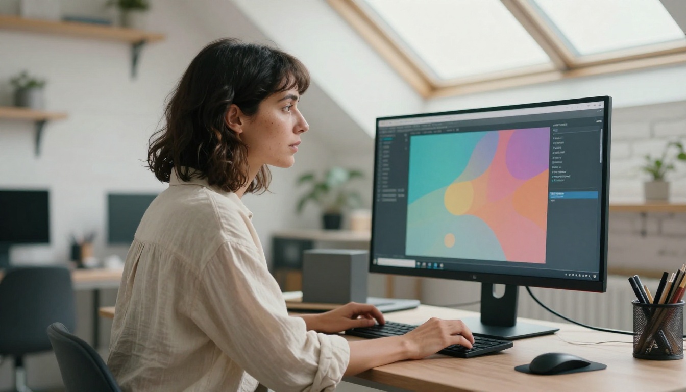 Creative professional woman at a large studio monitor with colorful data visualizations