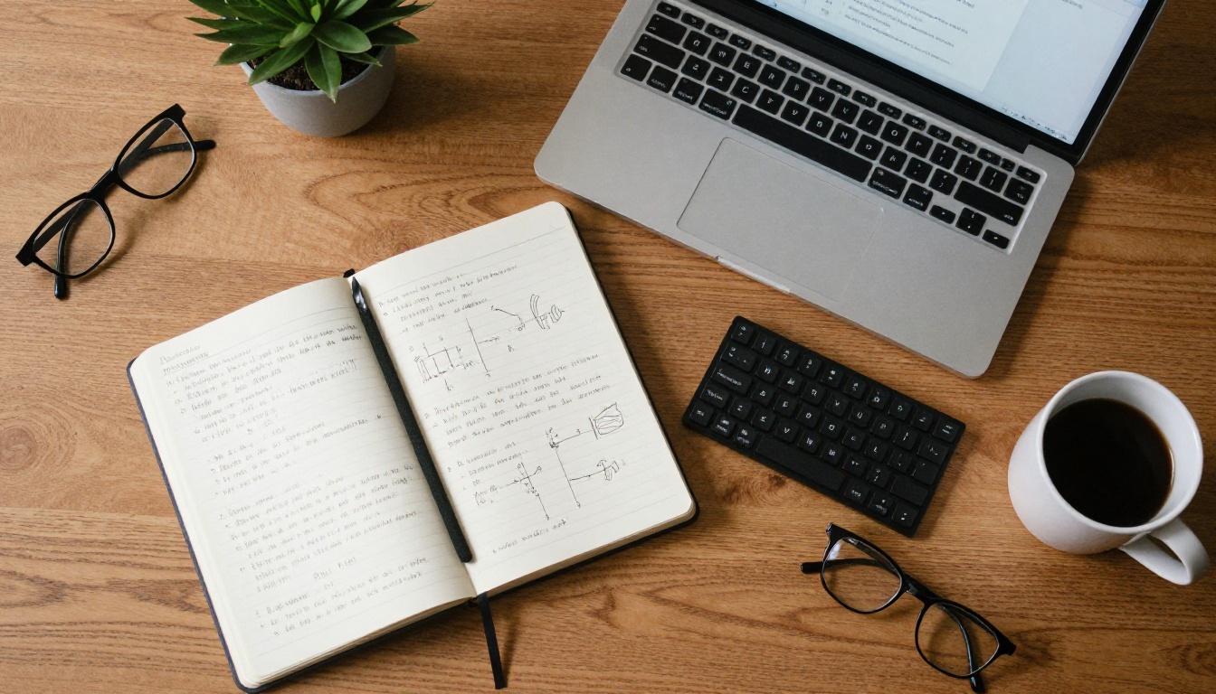 Overhead flat lay of desk with notebook, laptop, keyboard, and coffee mug Overhead flat lay of desk with notebook, laptop, keyboard, and coffee mug
