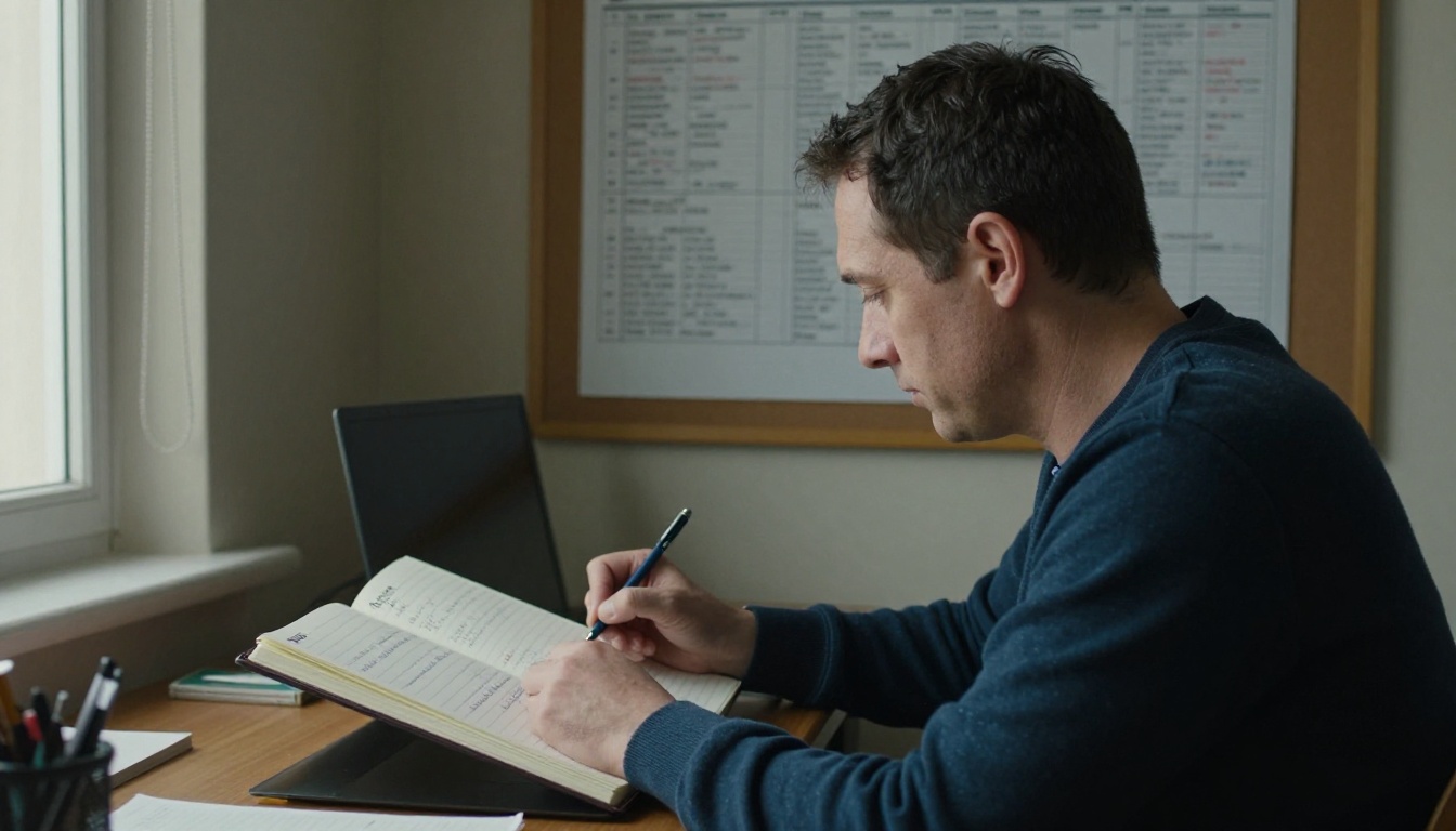 A man studying a comparison chart on a corkboard, taking handwritten notes A man studying a comparison chart on a corkboard, taking handwritten notes