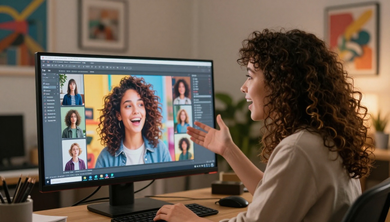 A young woman with curly hair gesturing toward a monitor displaying an AI image gallery A young woman with curly hair gesturing toward a monitor displaying an AI image gallery
