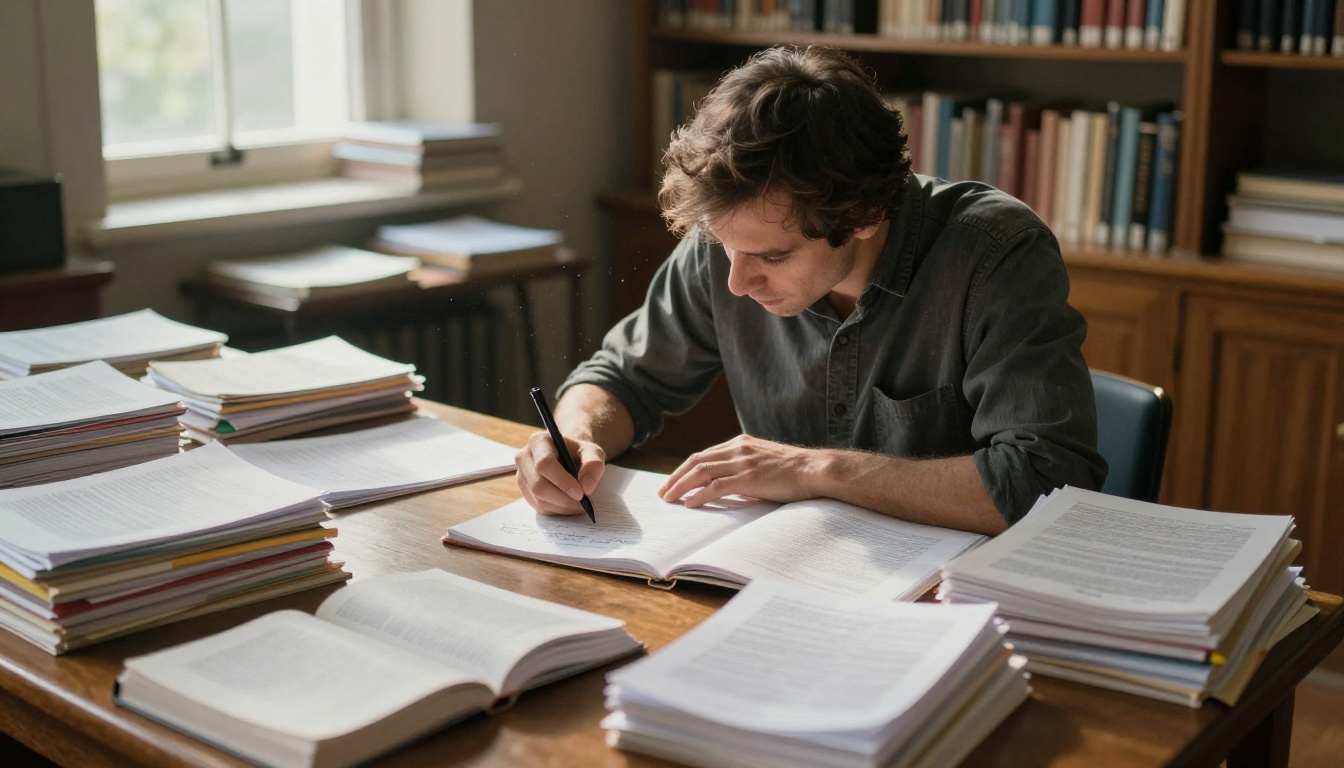 Researcher surrounded by academic journals and open books in a university library