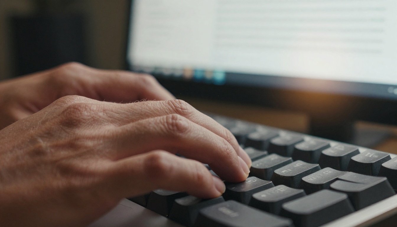 Close-up of hands typing on mechanical keyboard with document text visible on monitor