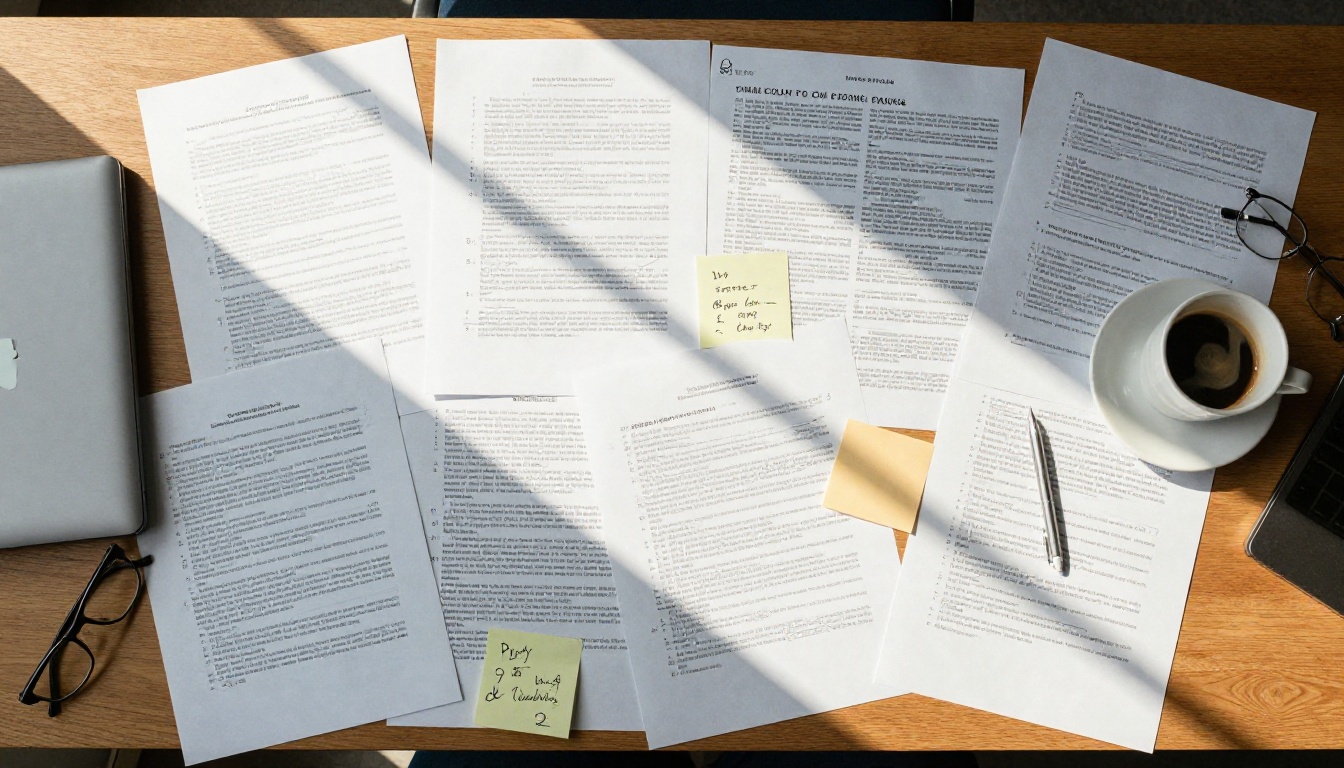 Aerial top-down view of a wooden desk covered with documents, sticky notes, and a coffee cup