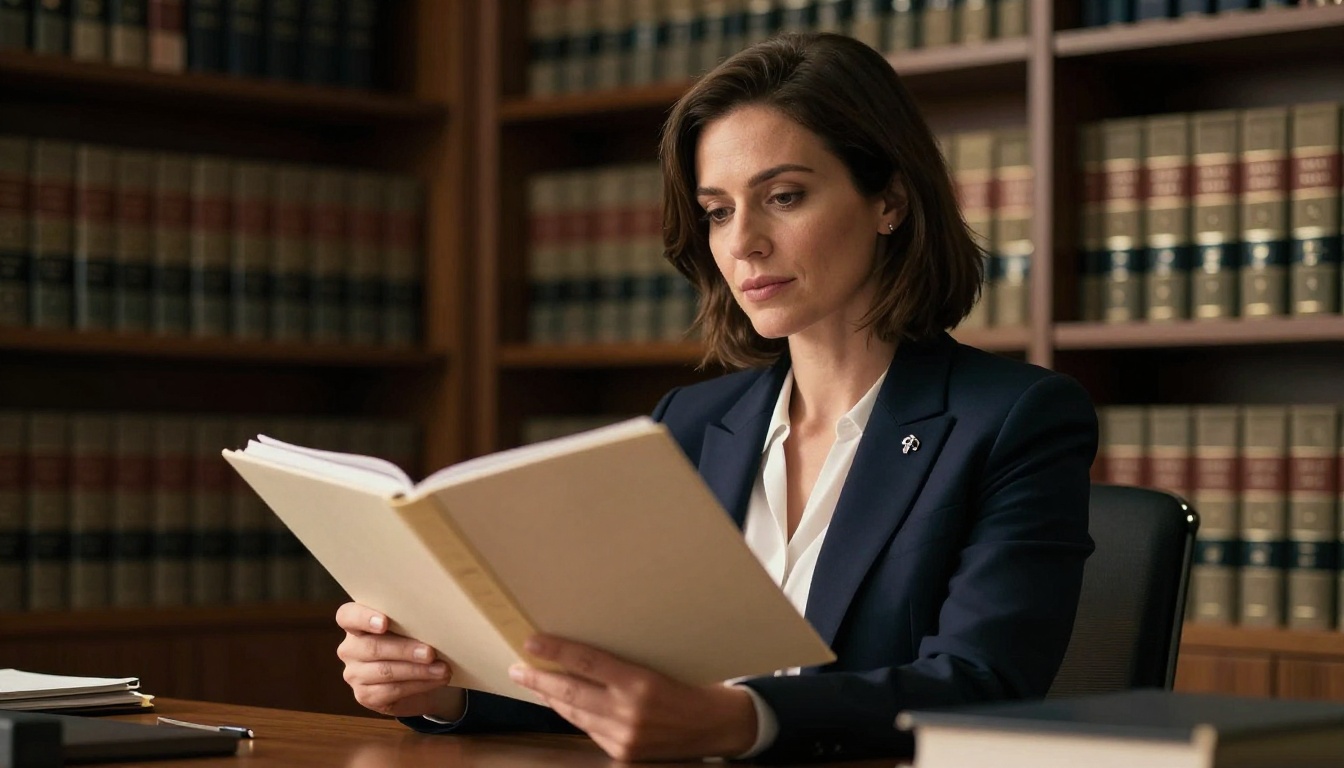 Low-angle shot of a confident lawyer holding an open case binder in a law office
