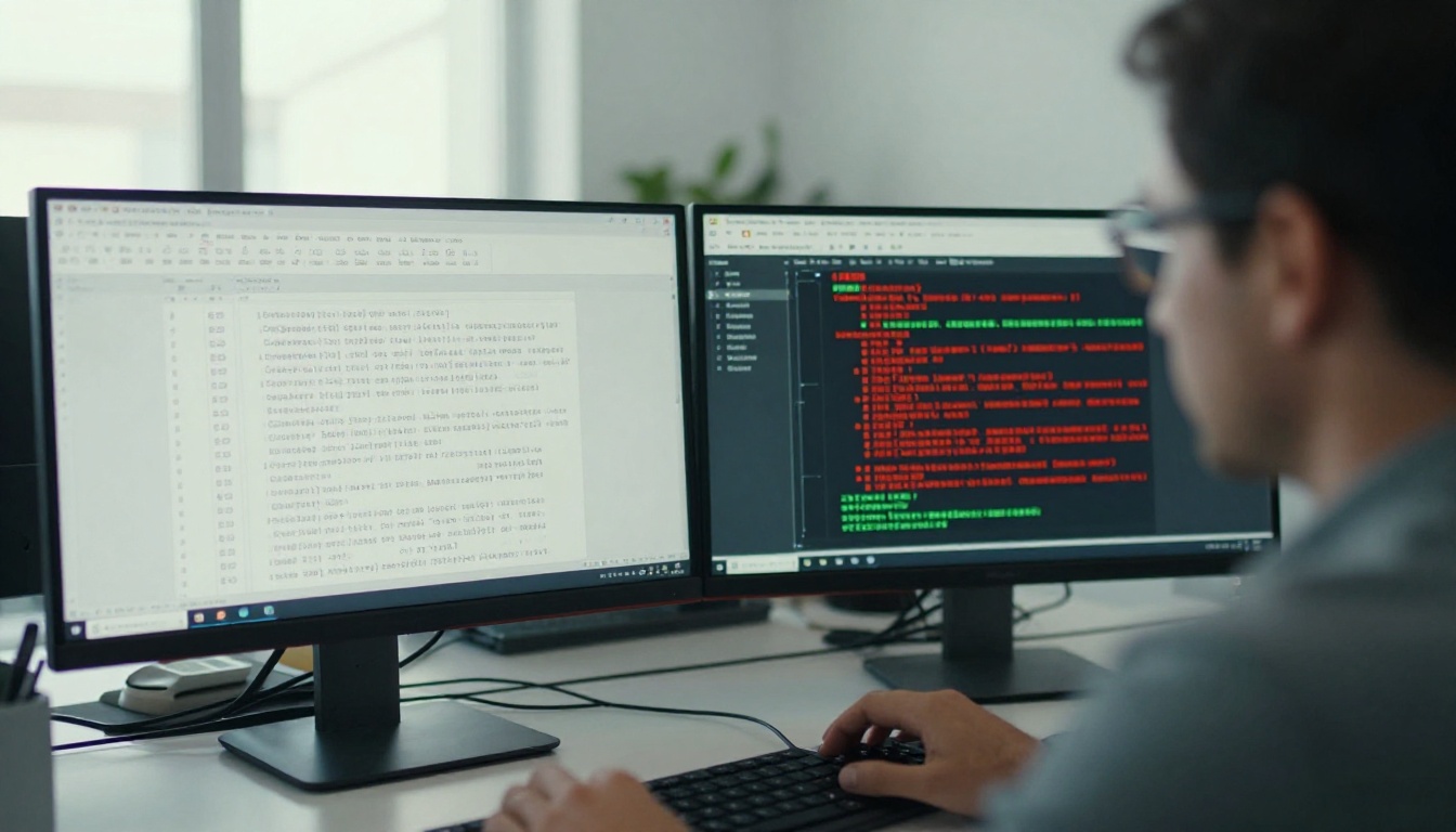 Business analyst at dual monitors comparing document versions side by side