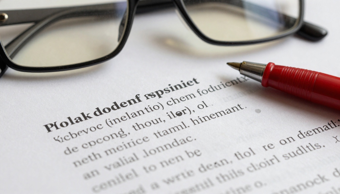Close-up of printed document text with reading glasses and ballpoint pen resting on the page