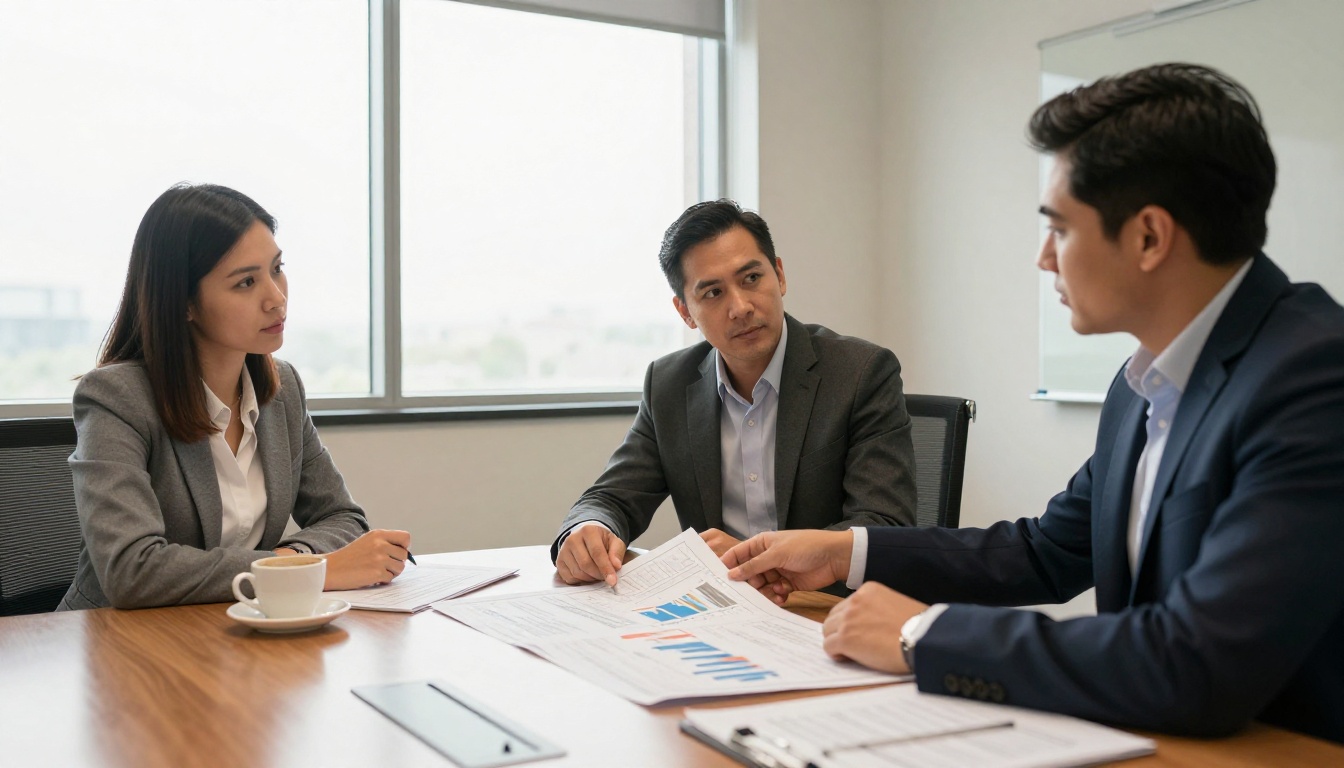 Boardroom meeting with three professionals reviewing a printed report on a conference table