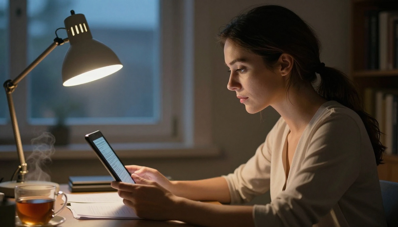 Woman reading a tablet at home office desk in warm evening lamp light