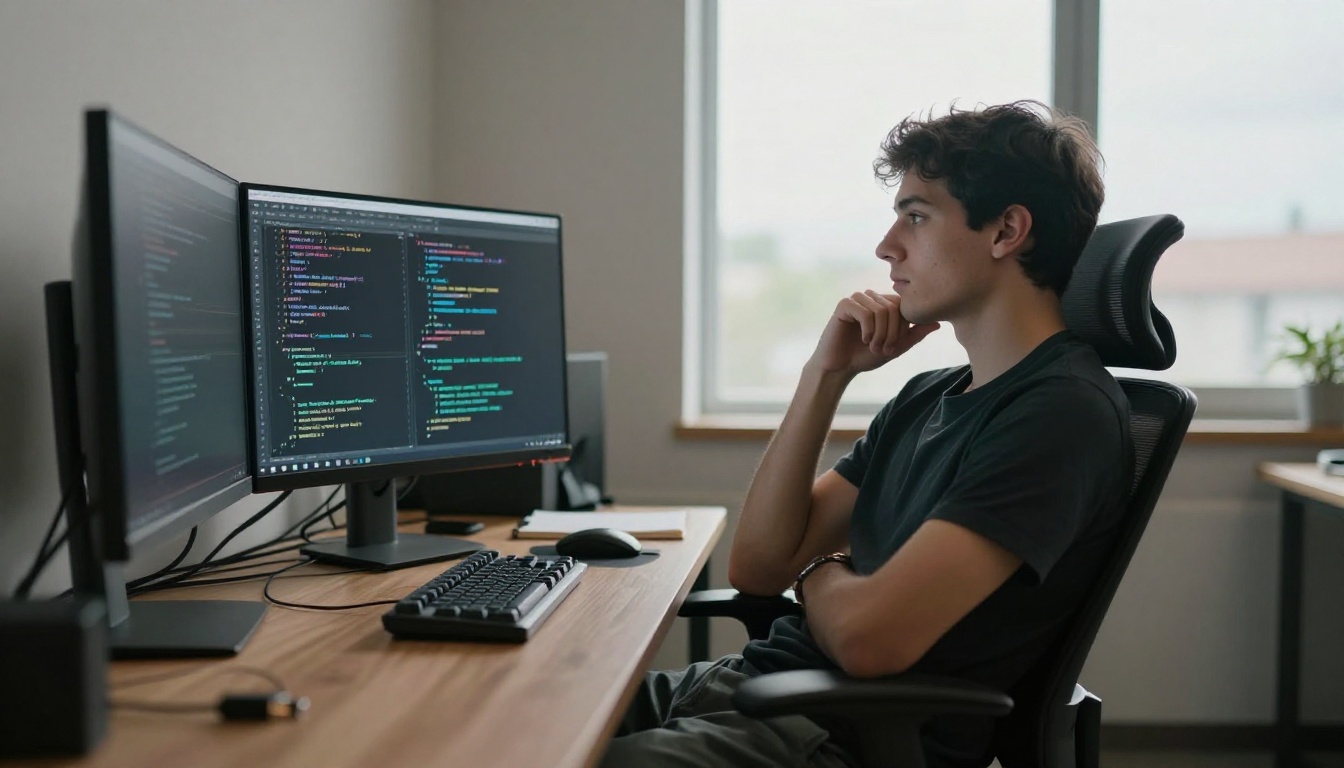 A software developer thinking through code output on a monitor A software developer thinking through code output on a monitor