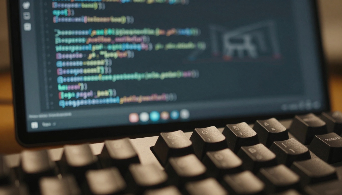 Close-up of code on a dark IDE with a mechanical keyboard in the foreground Close-up of code on a dark IDE with a mechanical keyboard in the foreground