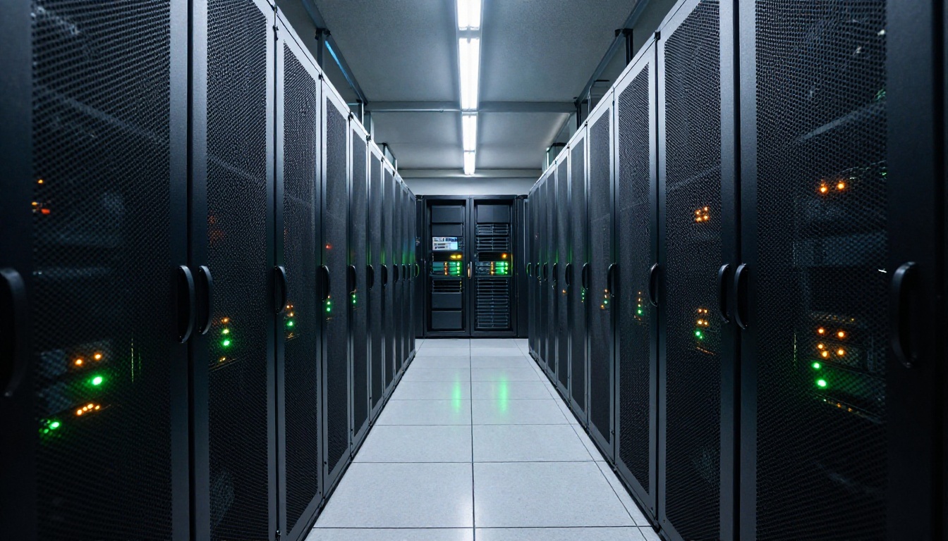 Low-angle view of a clean server rack in a modern data center Low-angle view of a clean server rack in a modern data center